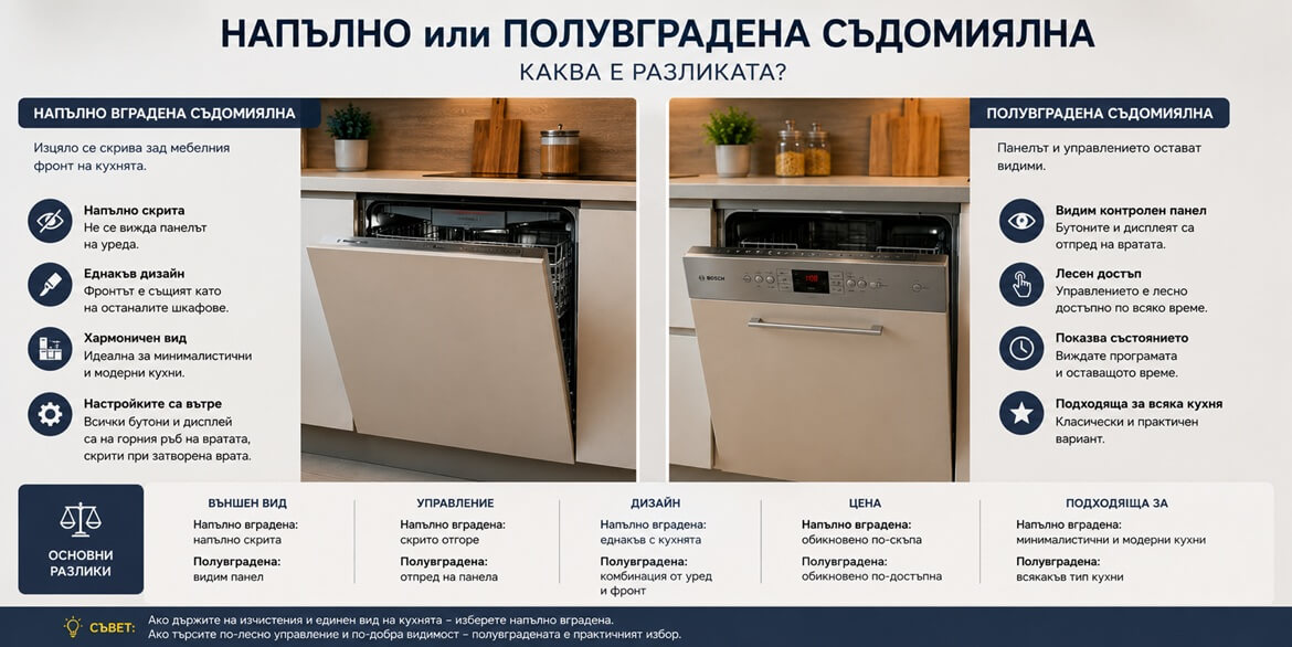 Напълно или полувградена съдомиялна: каква е разликата? Напълно или полувградена съдомиялна: каква е разликата?