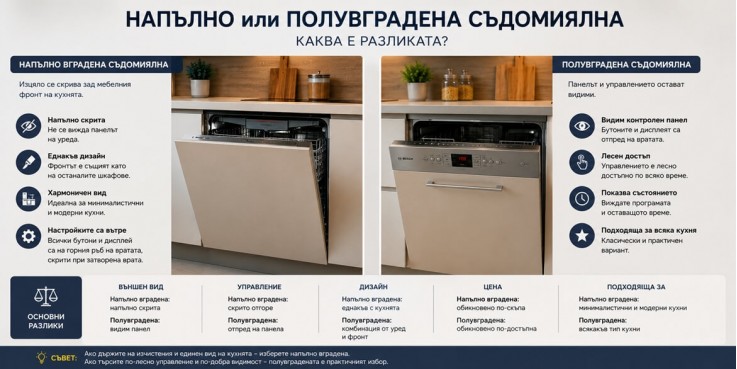 Напълно или полувградена съдомиялна: каква е разликата? Напълно или полувградена съдомиялна: каква е разликата?